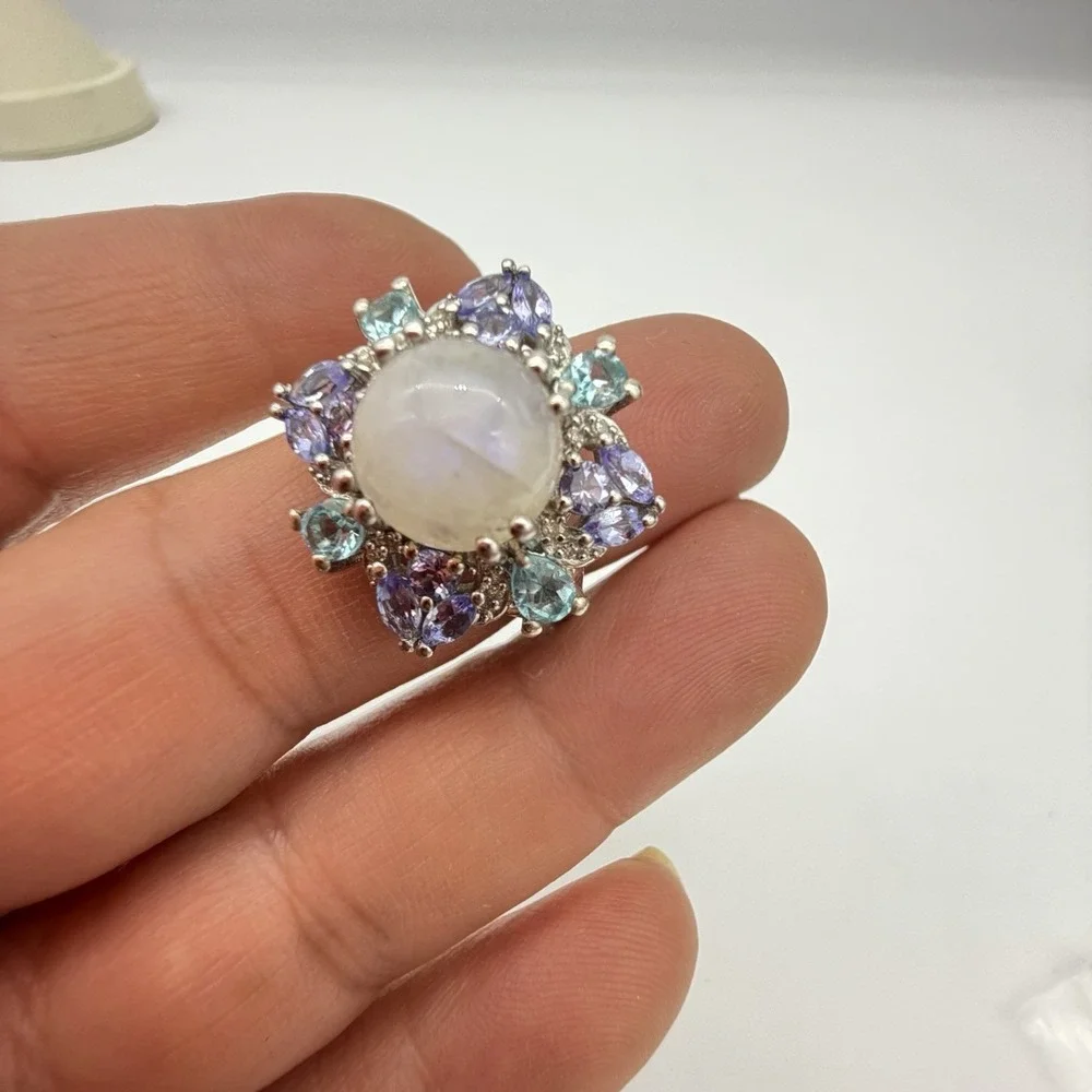 Vtg‎ STS Chuck Clemency Moonstone Multi Gemstone Ring Sterling Silver 6.5 Gr S7